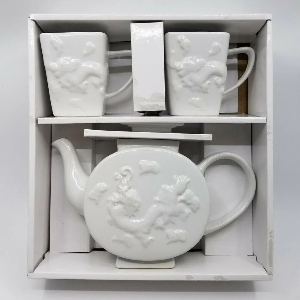 Z Gallerie White Chinese Dragon Tea Pot Set w Mugs White OPEN BOX
